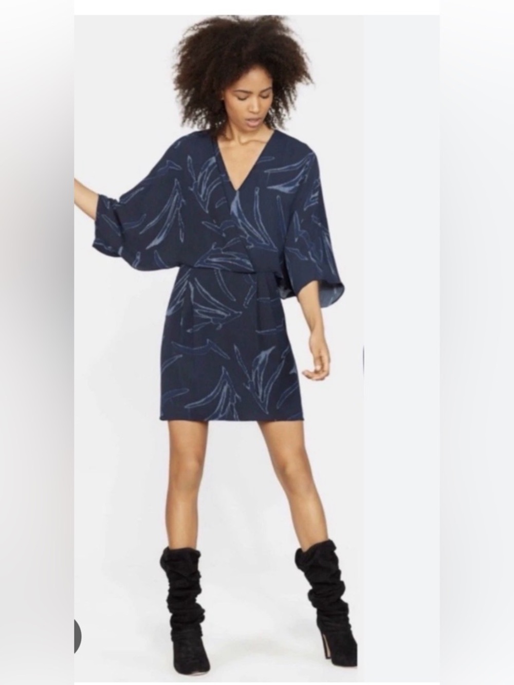 Halston Heritage Navy & Light Blue Printed Kimono Sleeve Mini Dress